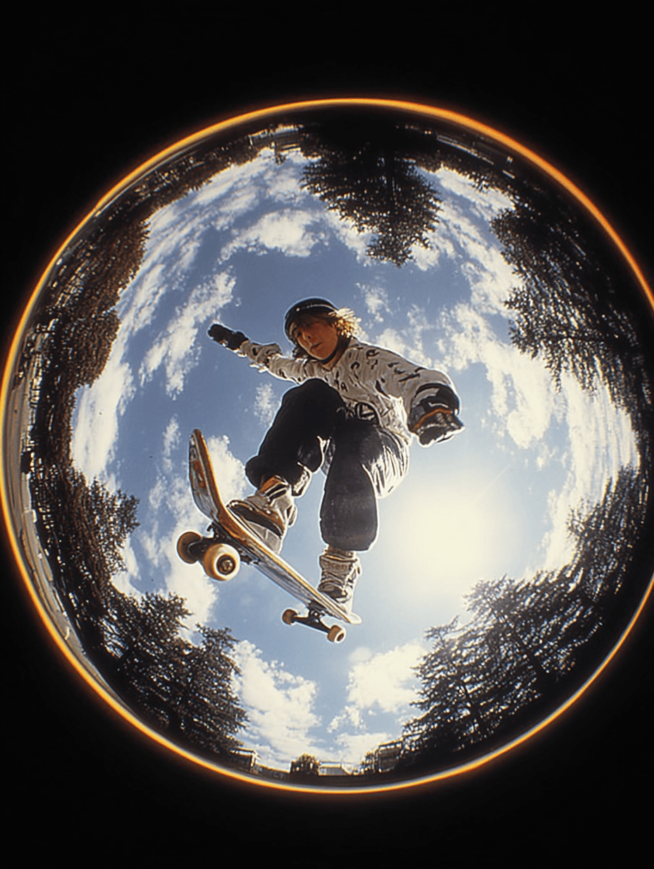 Fisheye Lens Skateboarder Mid Trick Photo