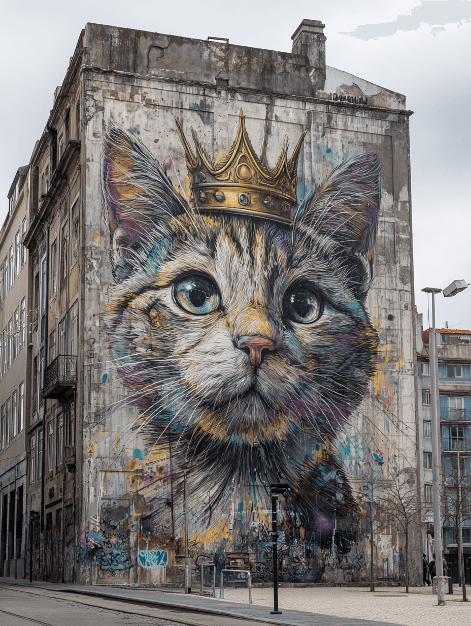 Photorealistic Cat with Crown on Its Graffiti Mural
