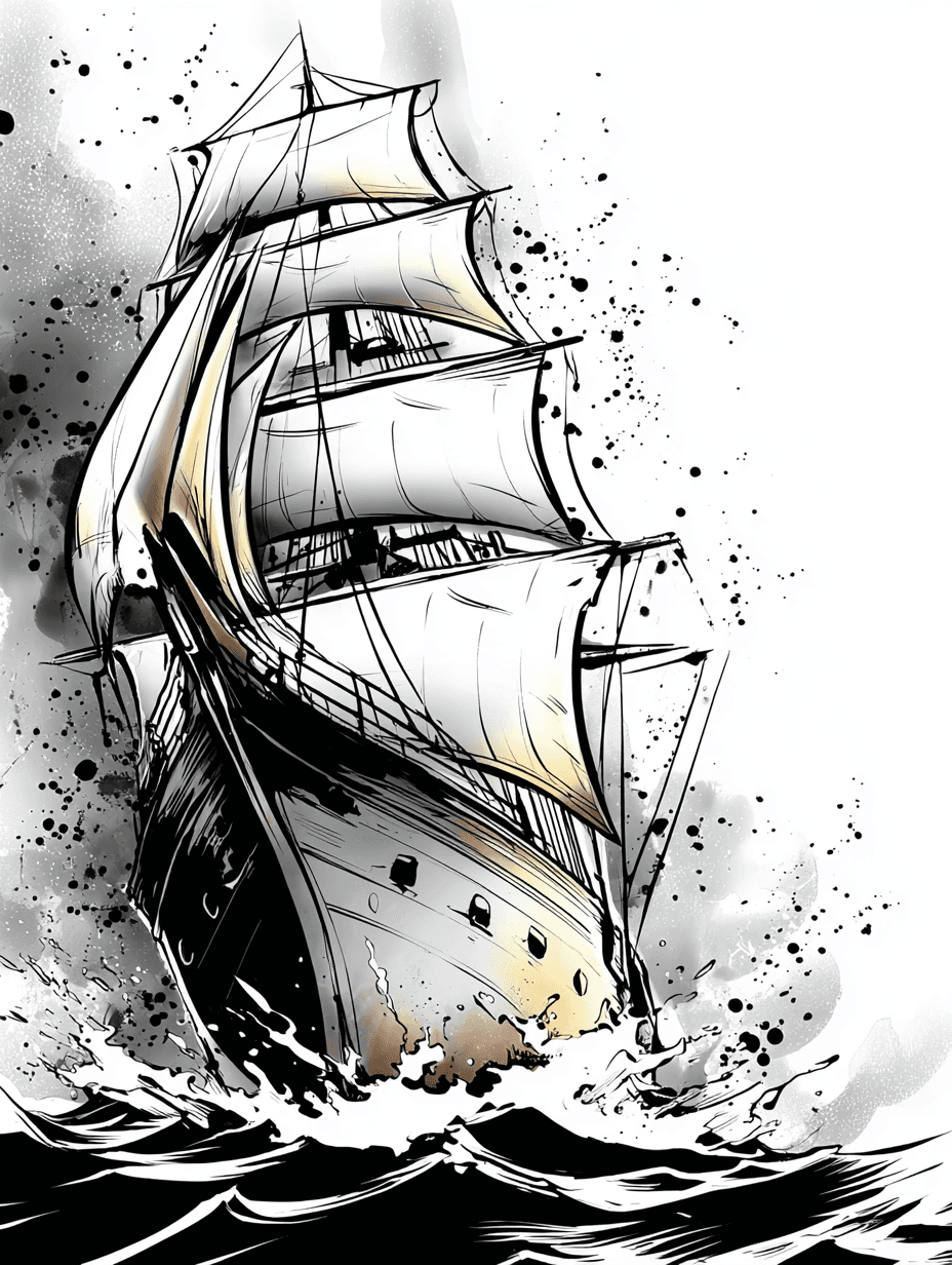 Gritty Black and White Ink Stormy Sea Illustration