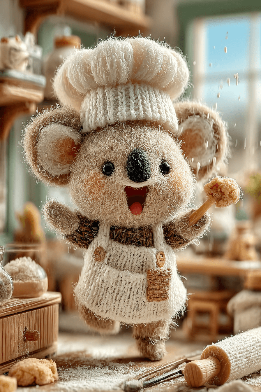 Tiny Wool Baby Koala Baking Scene