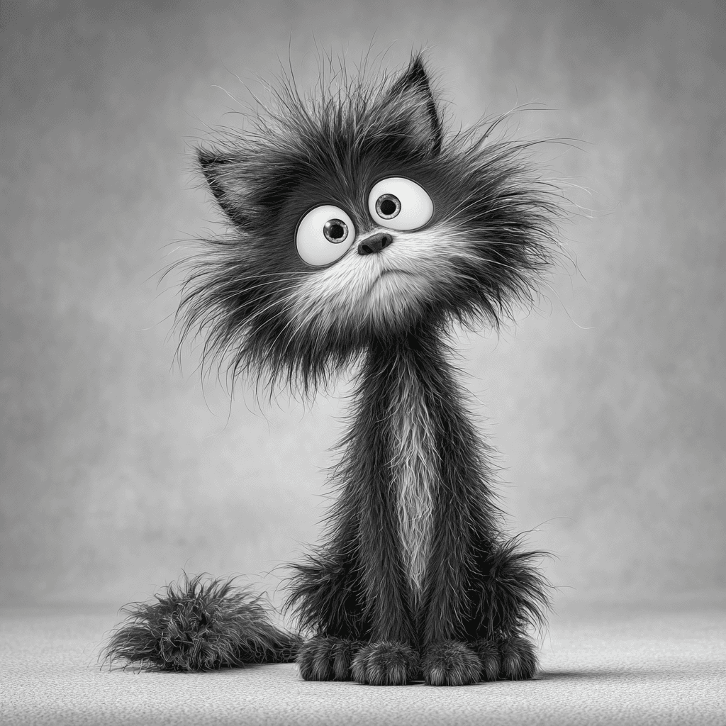 Black and White Shaggy Cat Cartoon Portrait
