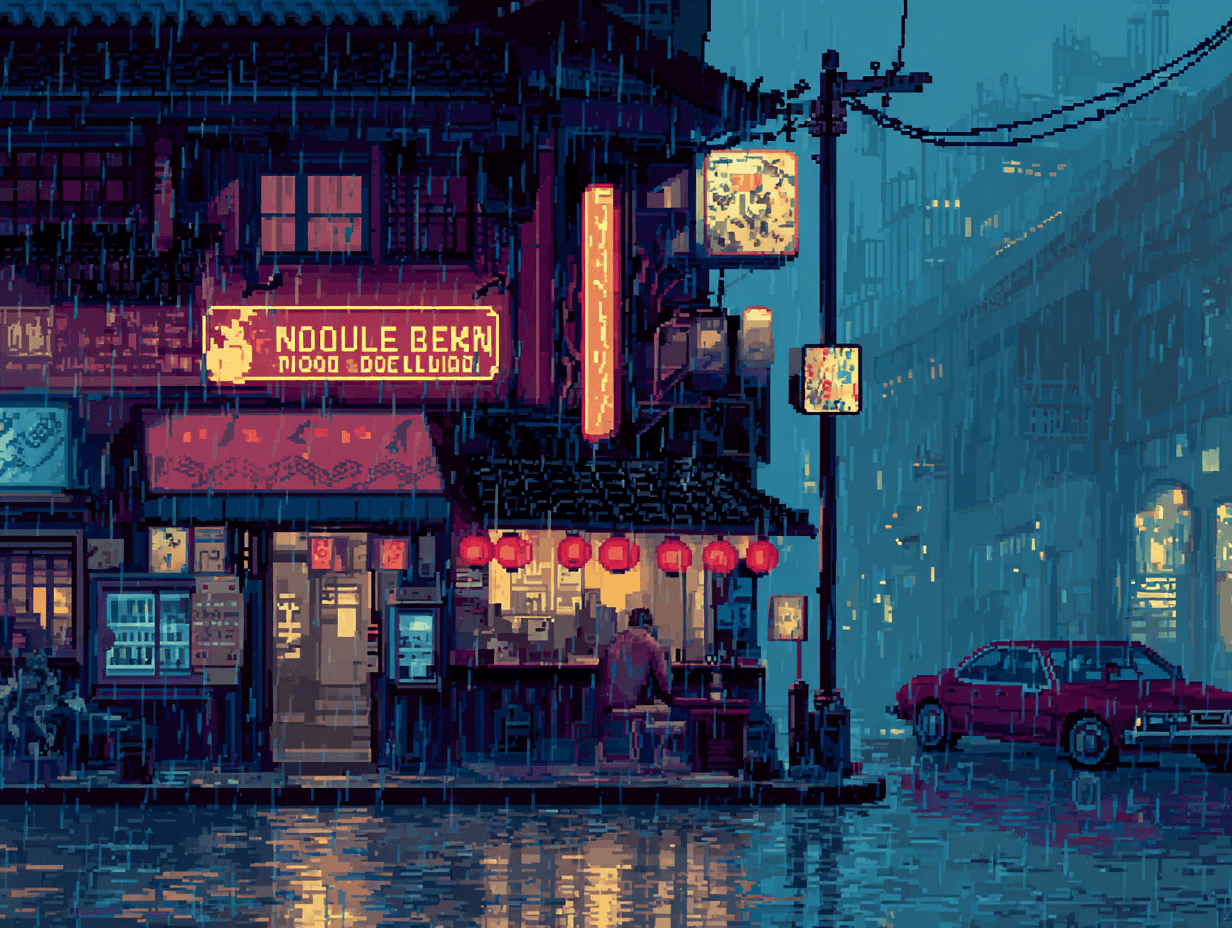 Cyberpunk Noodle Bar on Rainy Landscape Scene Composition 2