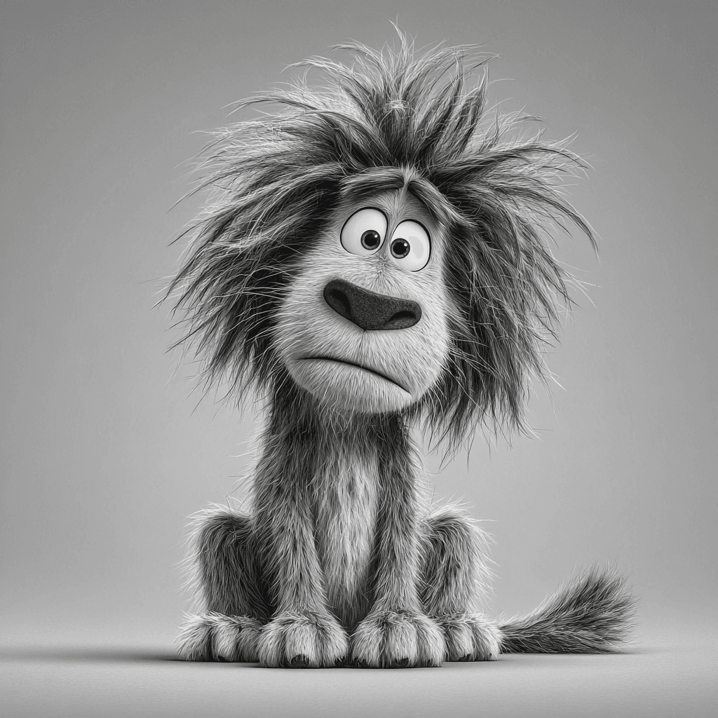 Black and White Shaggy Lion Cartoon Portrait