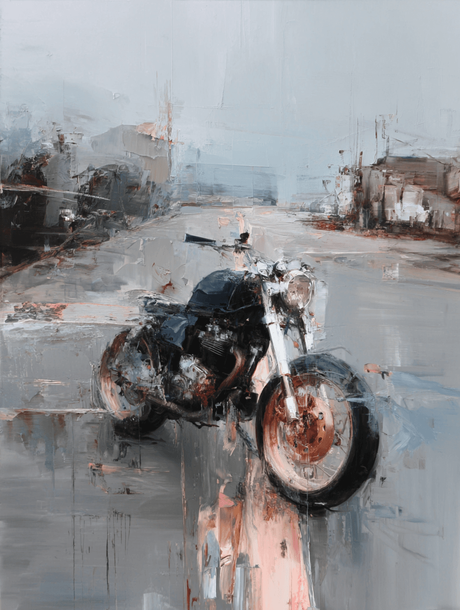 Expressive Oil Vintage Motorcycle Parked on a Quiet Road Painting