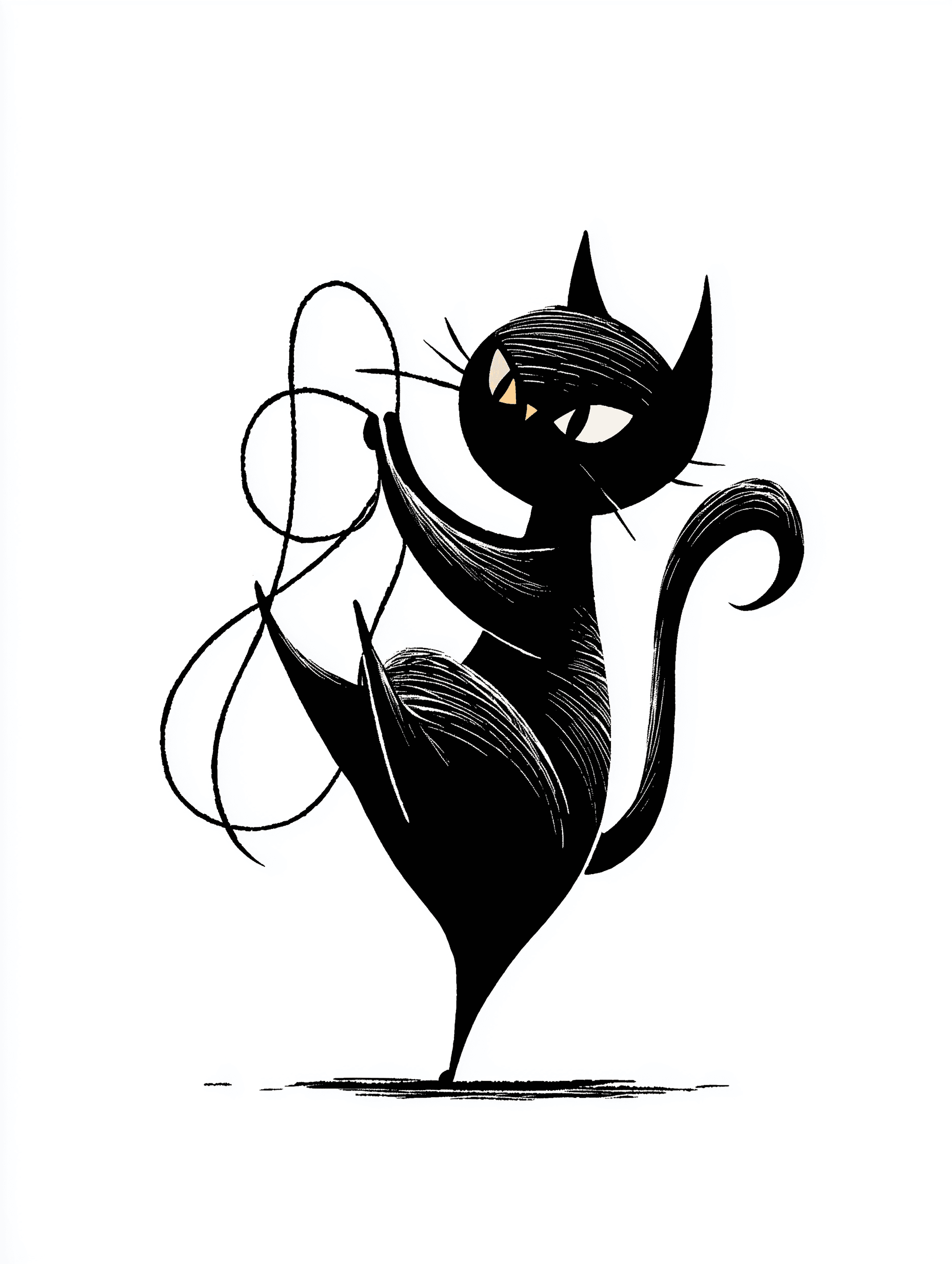Bold Graphic Cat Playing with Yarn Illustration