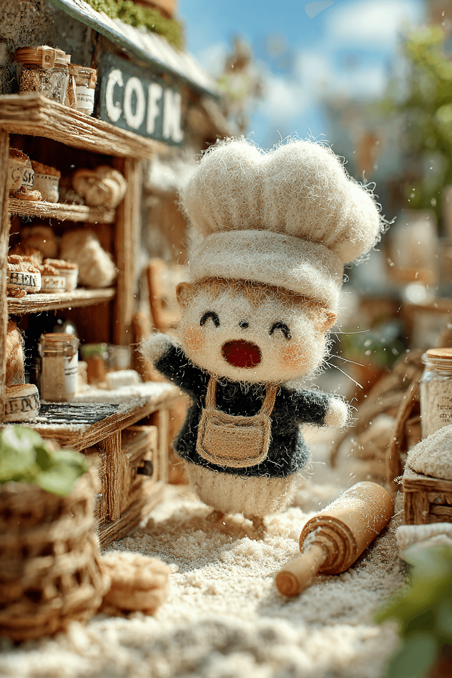 Tiny Wool Baby Kitten Baking Scene