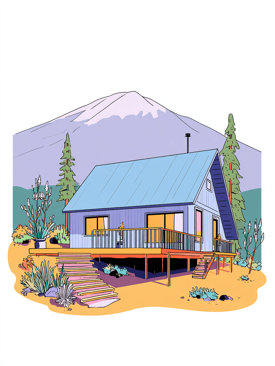 Clean Line Art Mountain Cabin Illustration