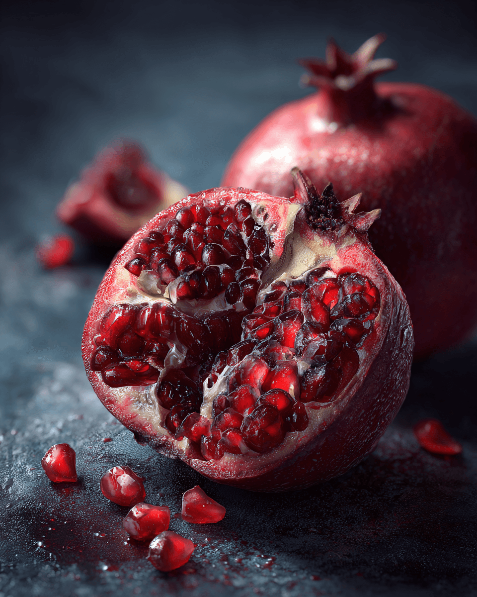 Hyperrealistic Pomegranate Split Open with Glistening Seeds Portrait
