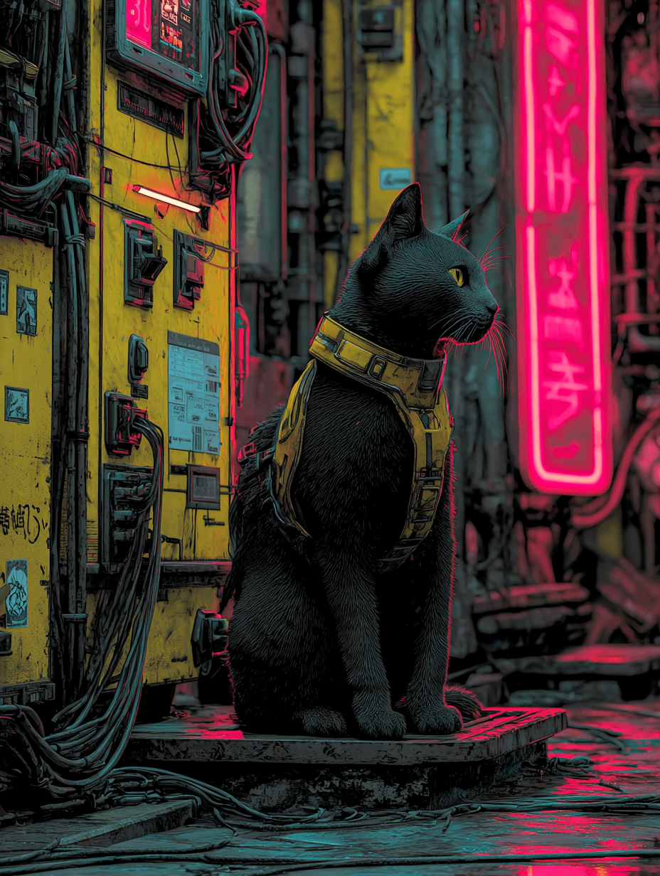 Gritty Cyberpunk Warrior Cat Scene
