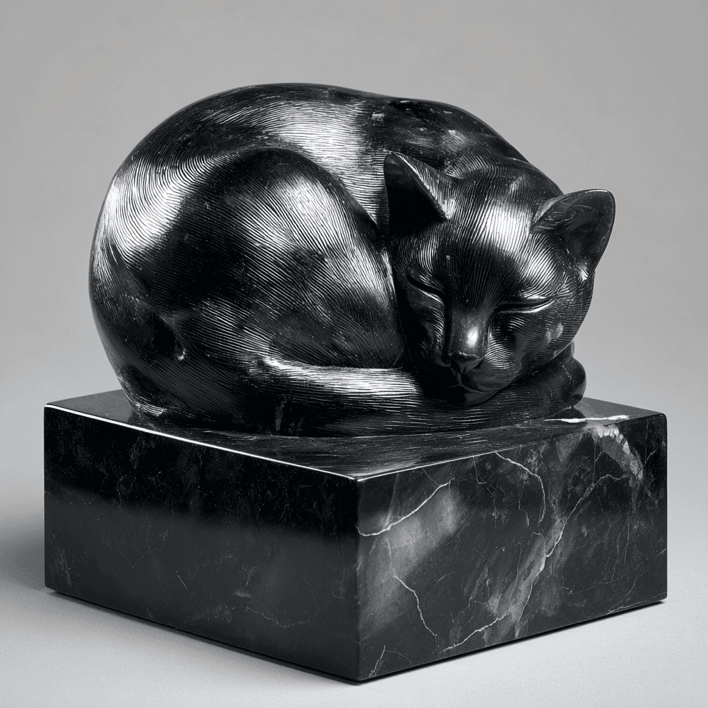 Hyperrealistic Carved Sleeping Cat Curled Up Sculpture