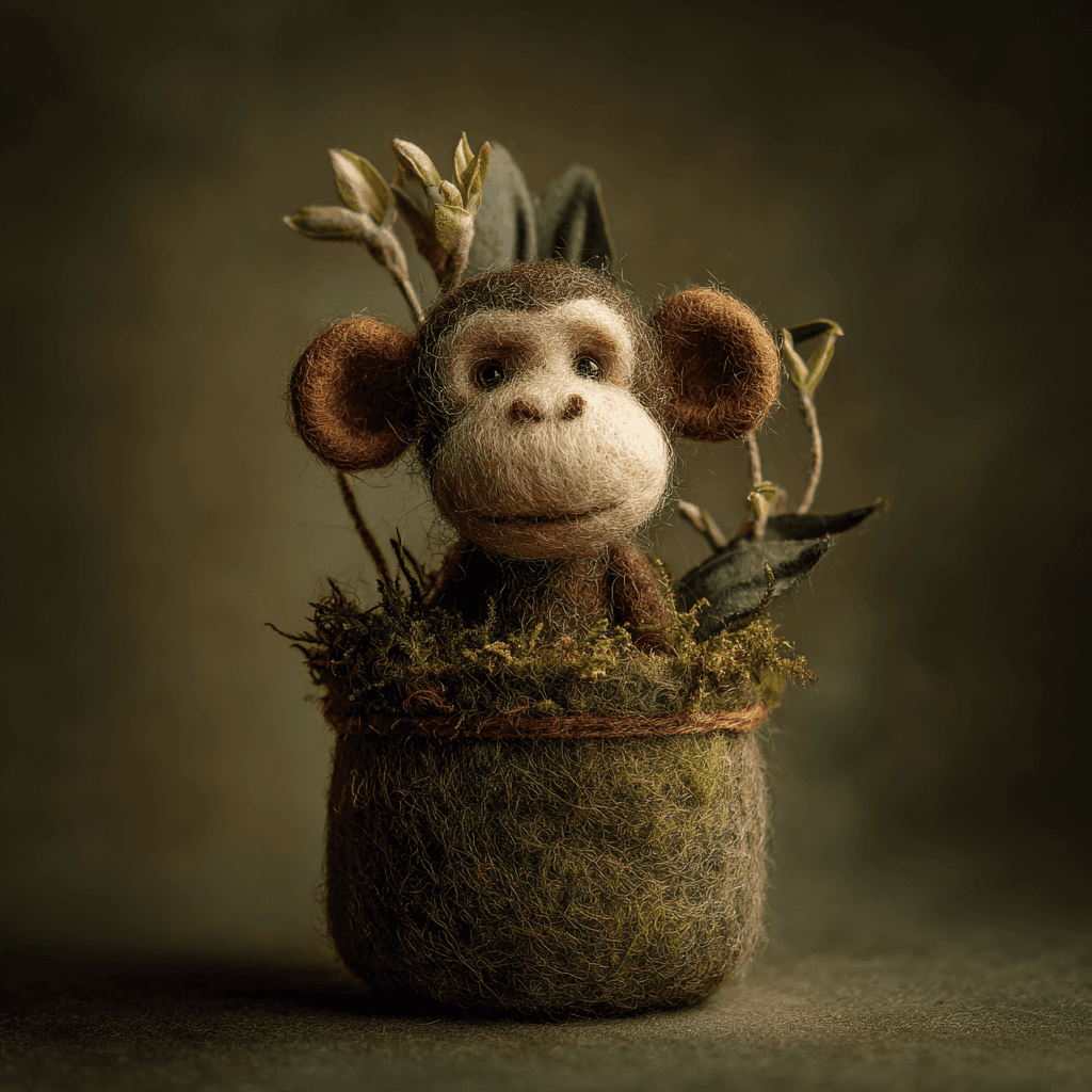 Cute Felted Monkey Handmade Pot Photo