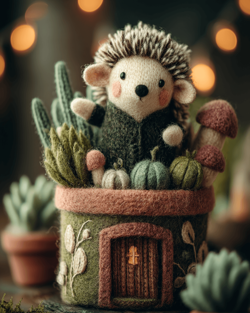 Chubby Felted Hedgehog Terracotta Pot Photo