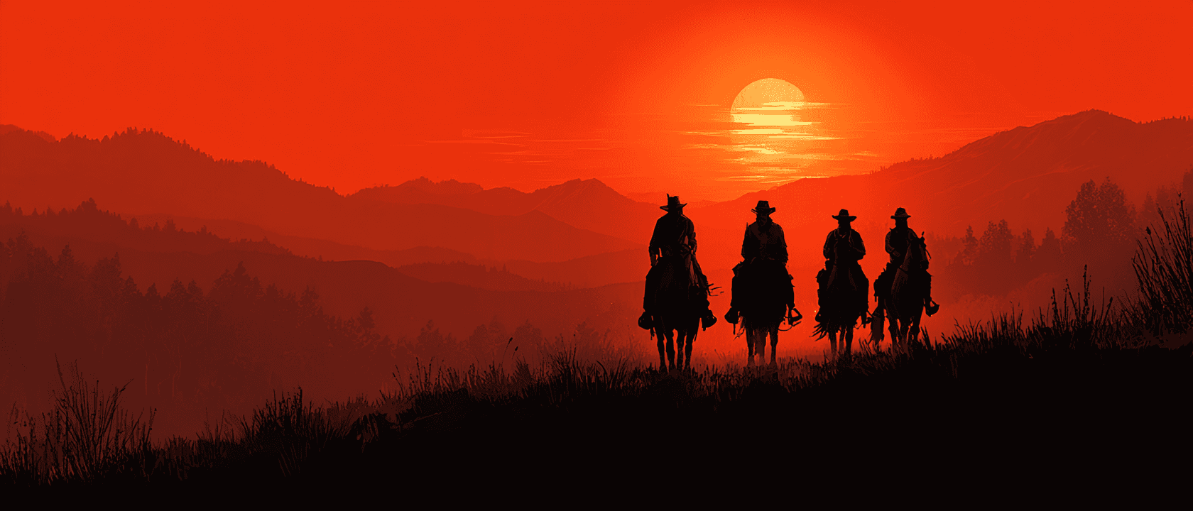 Modern Western Gang of Riders Silhouetted Against Film Still