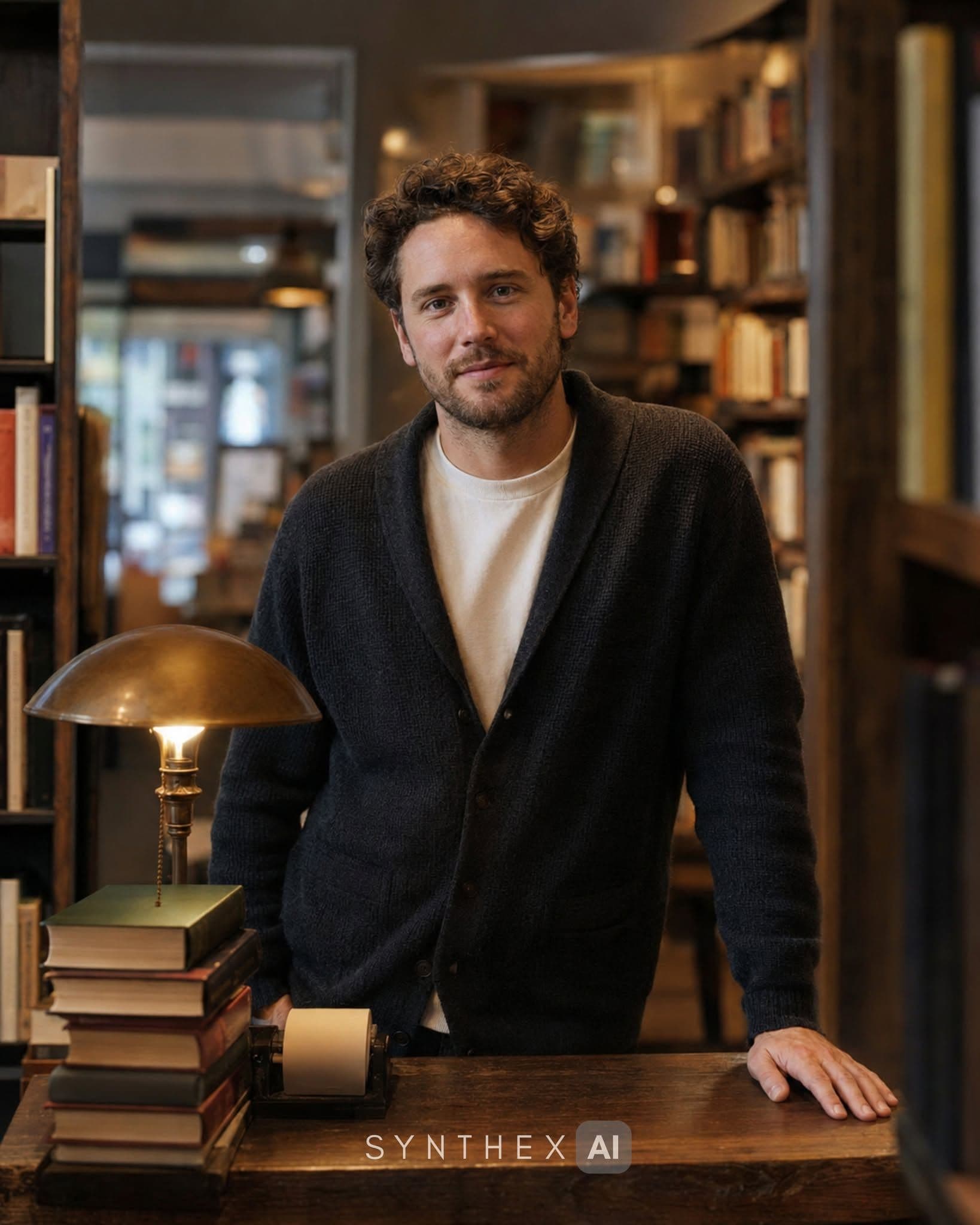 Generate Warm Bookshop Counter Portraits