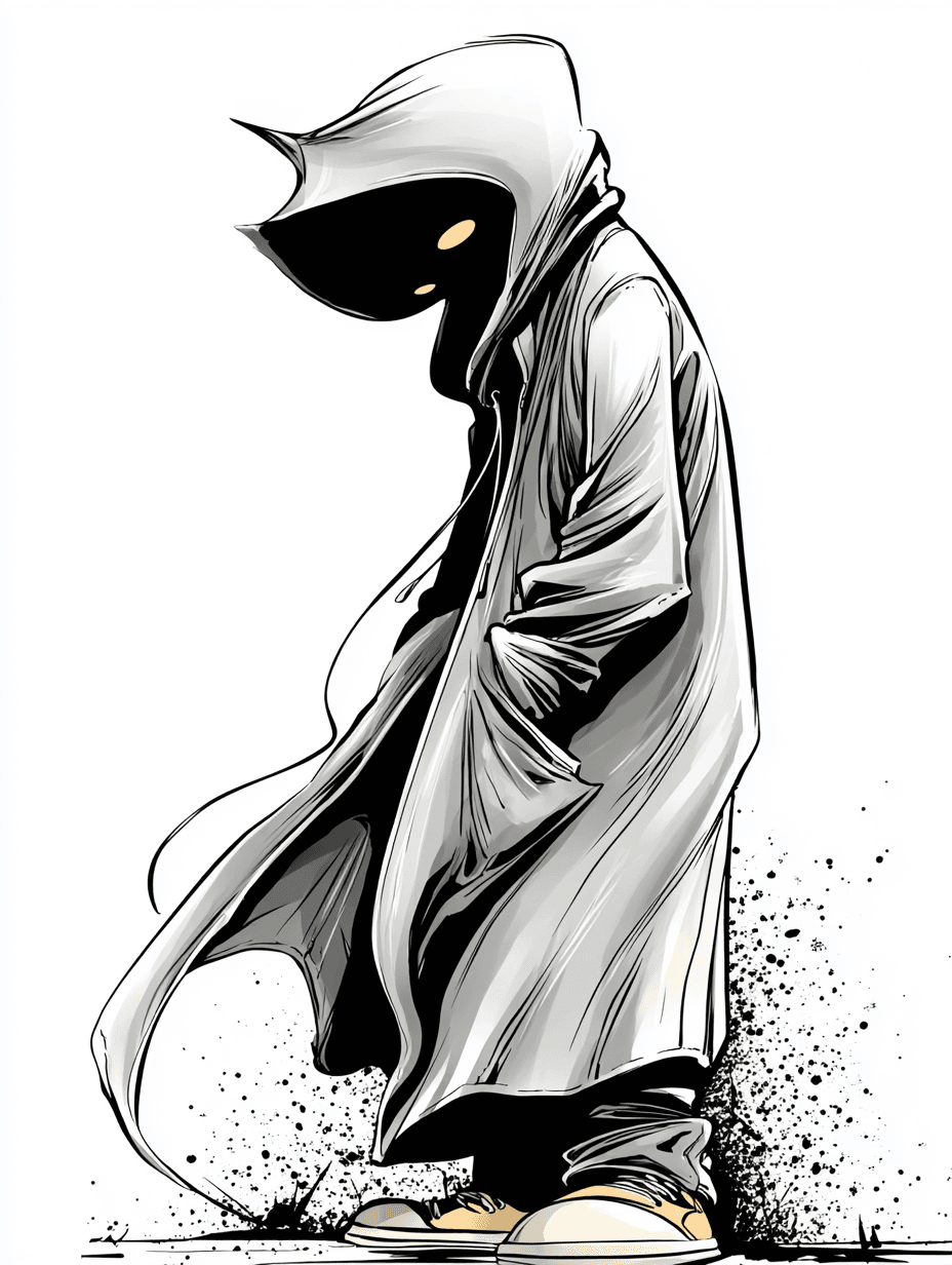 Gritty Black and White Ink Cloaked Figure Illustration