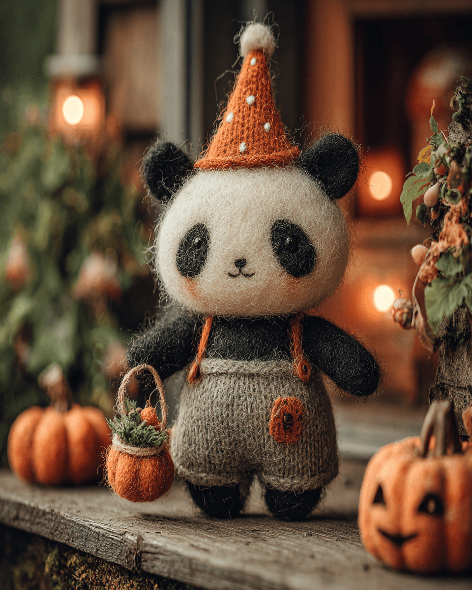 Tiny Halloween Felt Panda Porch Scene