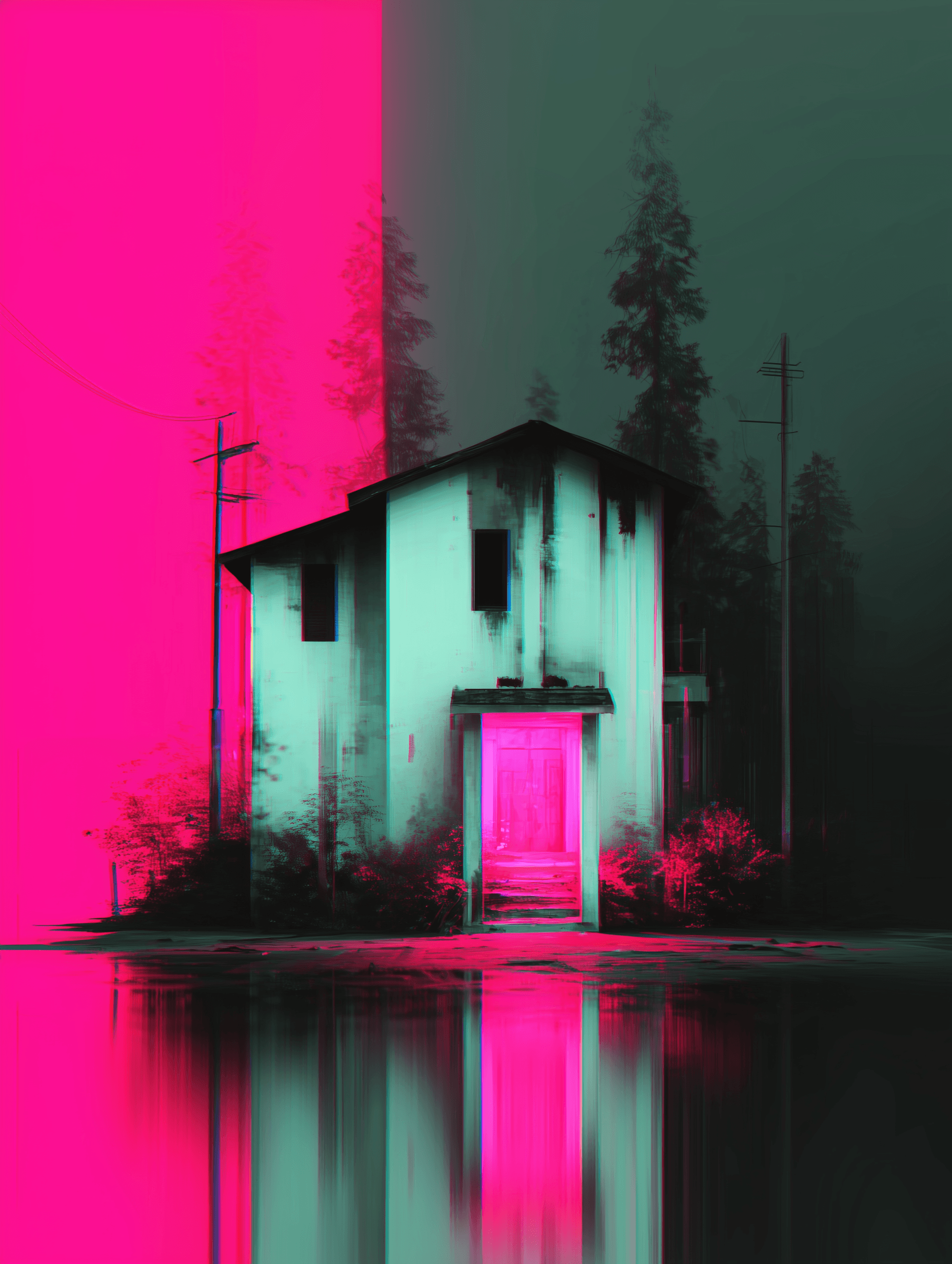 Neon Glitch Haunted Halloween House Artwork