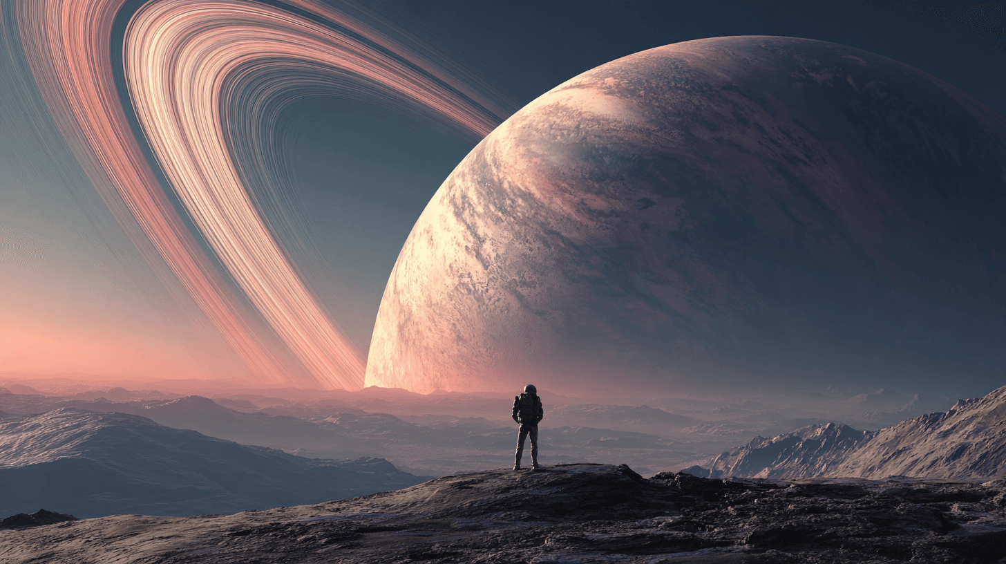 Lonely Astronaut Ringed Planet Scene