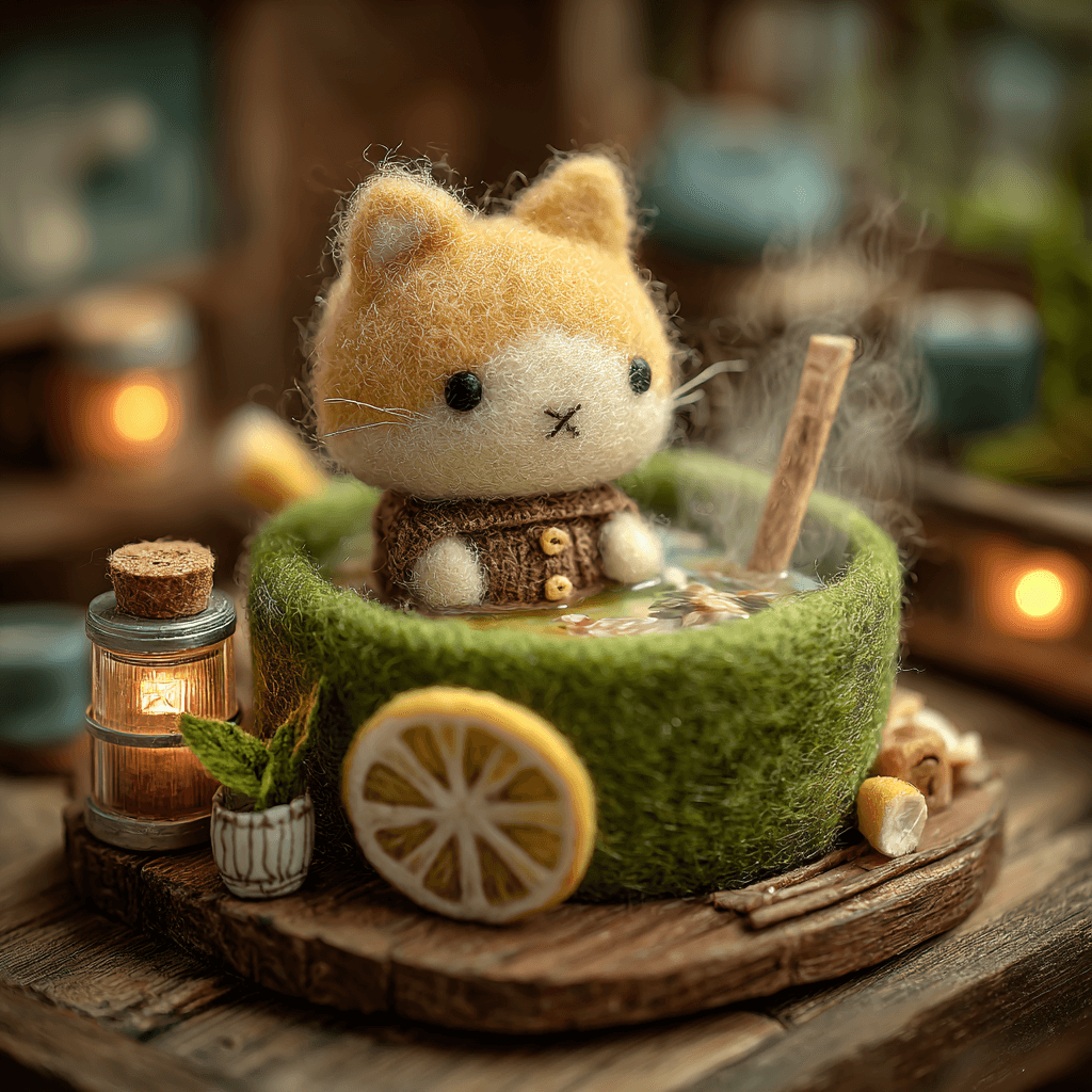 Felted Kitten Tiny Yuzu Bath Diorama