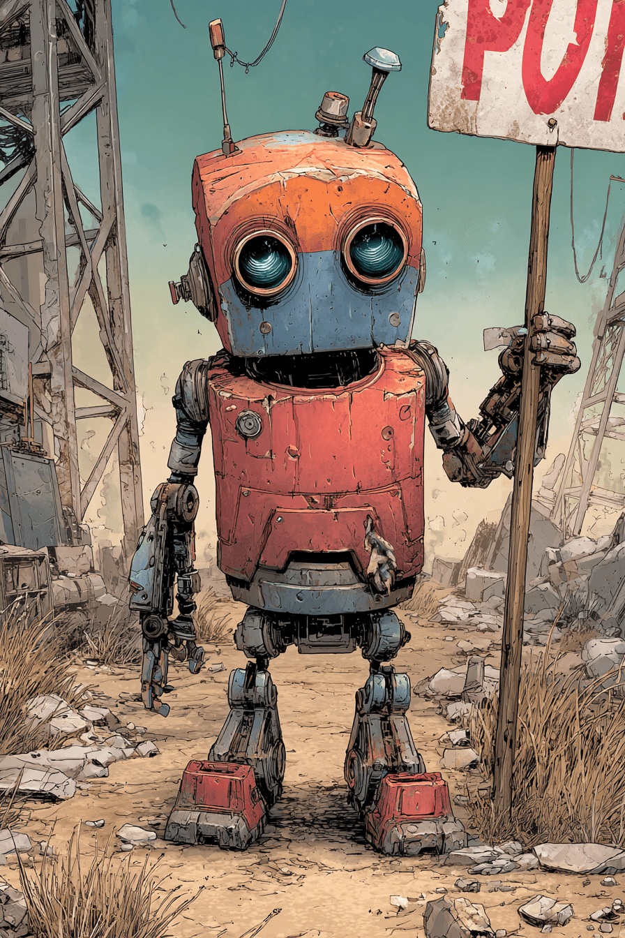 Borderlands Comic Style Busted Robot Holding Spray-painted Sign