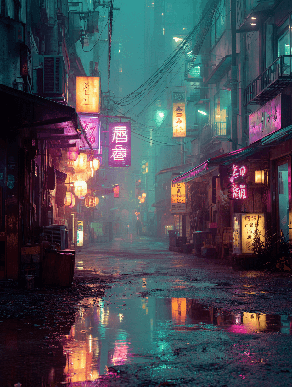 Cinematic Cyberpunk Photography Neon-lit Alleyway with Puddles Cables
