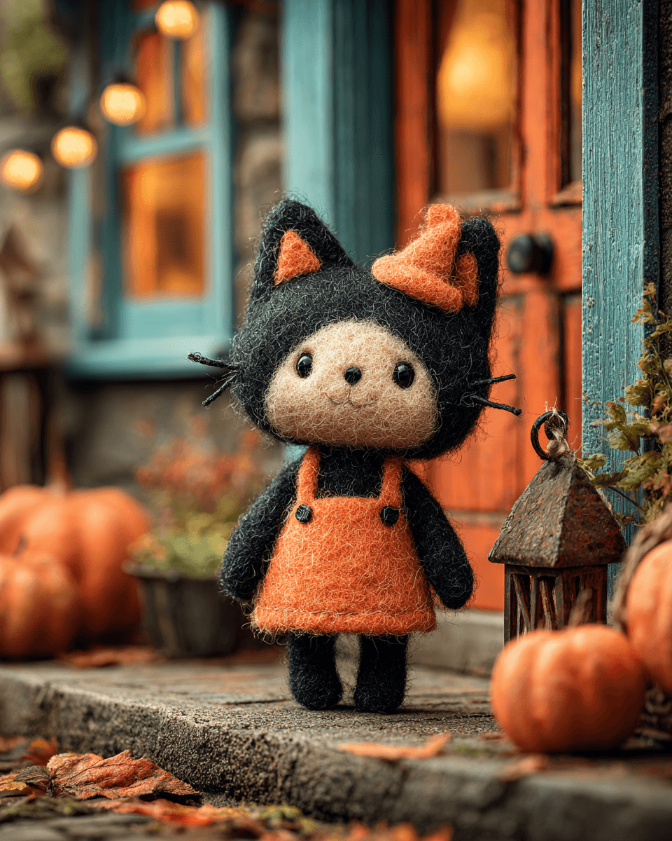 Tiny Halloween Felt Cat Porch Scene