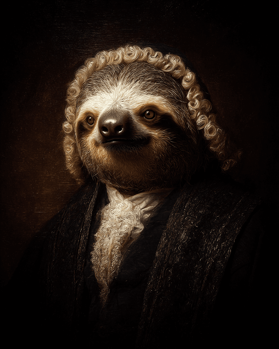 Dutch Masters Sloth Stern Judge with Powdered Wig Portrait