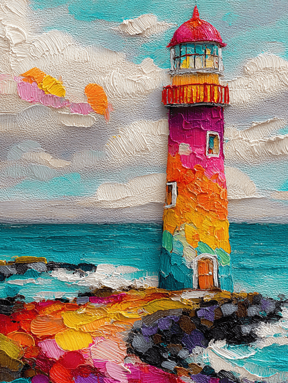 Vibrant Textured Impasto Oil Lighthouse Painting