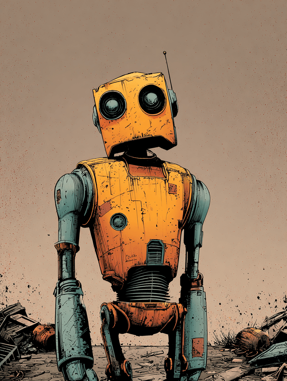 Gritty Comic Book Rusted Robot in a Junkyard Illustration