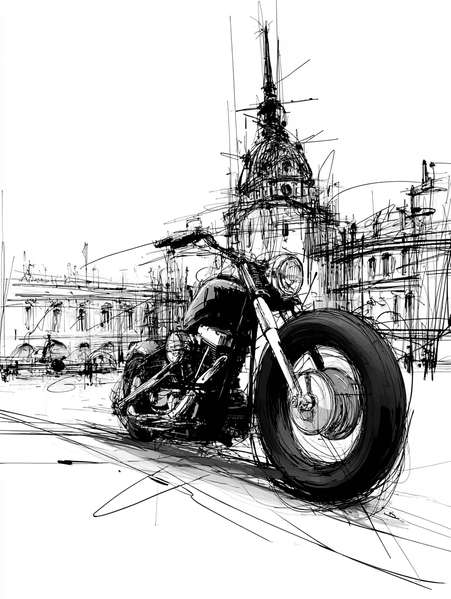 Expressive Black Ink Classic Motorcycle Sketch