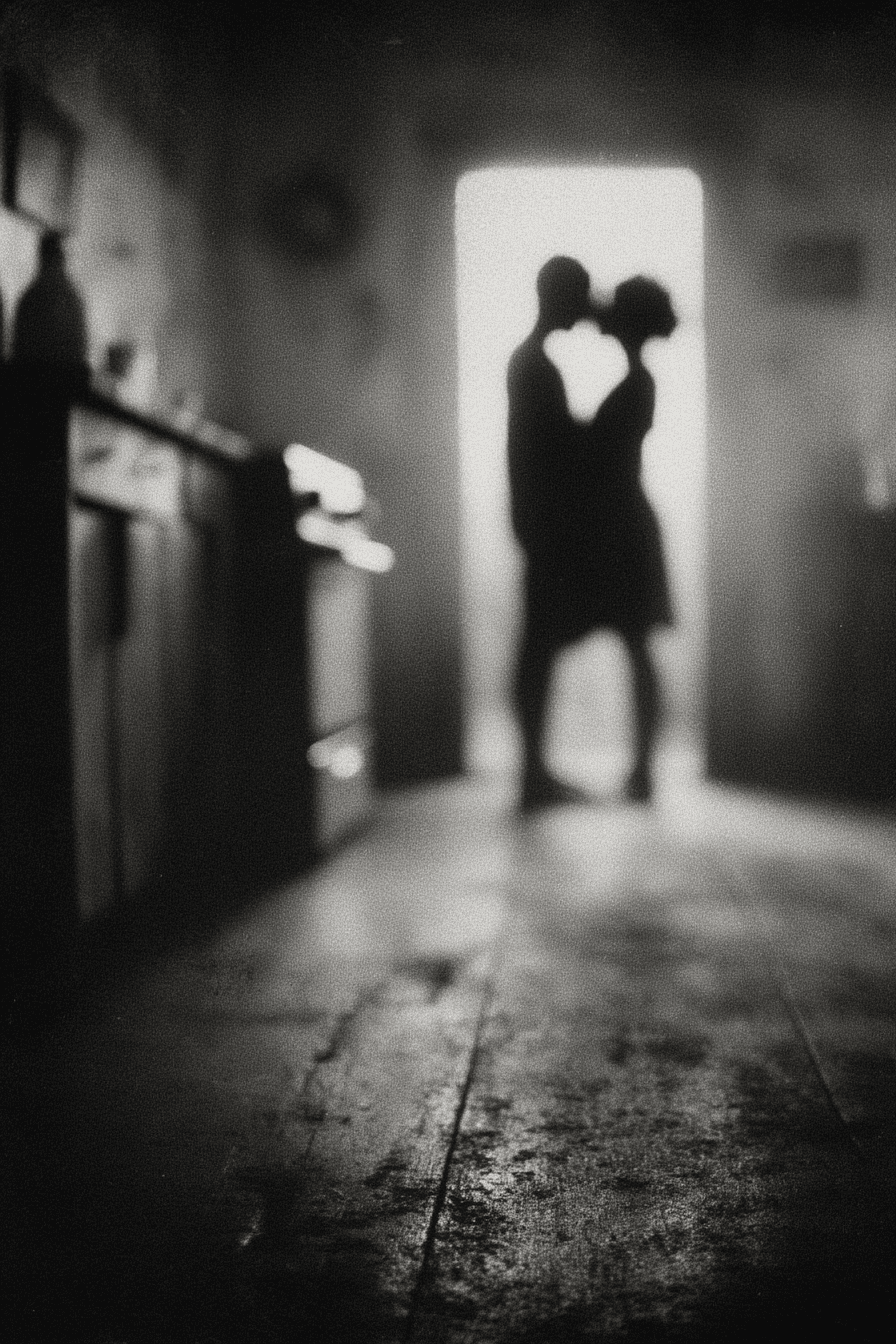 Captured in Grainy Black-and-white Film Photography Couple Kitchen