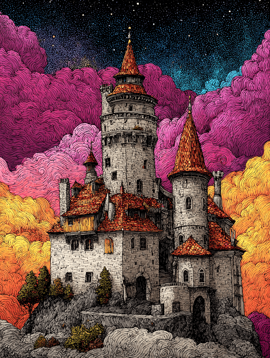 Psychedelic Linocut Castle Illustration