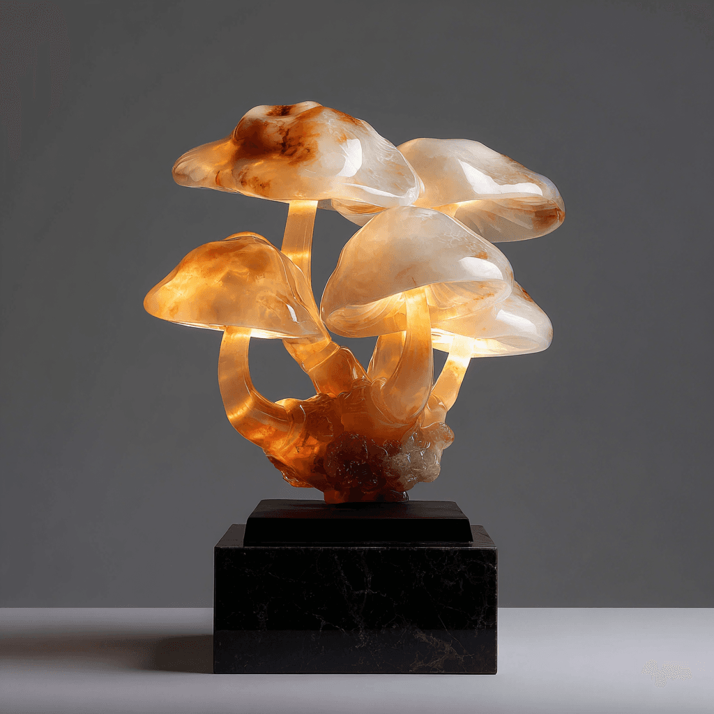 Hyperrealistic Carved Cluster of Glowing Mushrooms Sculpture