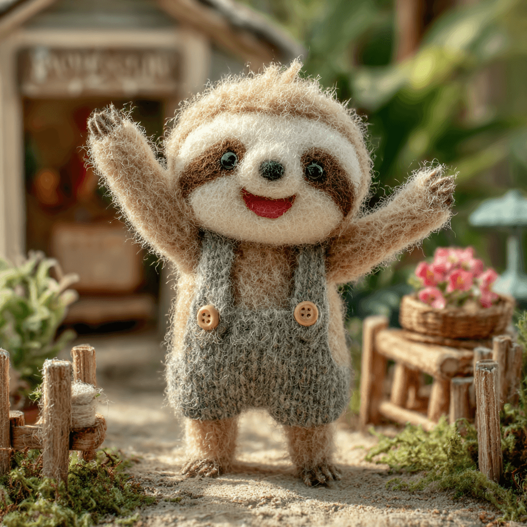 Charming Wool Figure of Baby Sloth Diorama