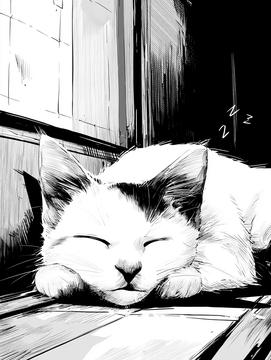 High-Contrast Manga Sleeping Cat Illustration