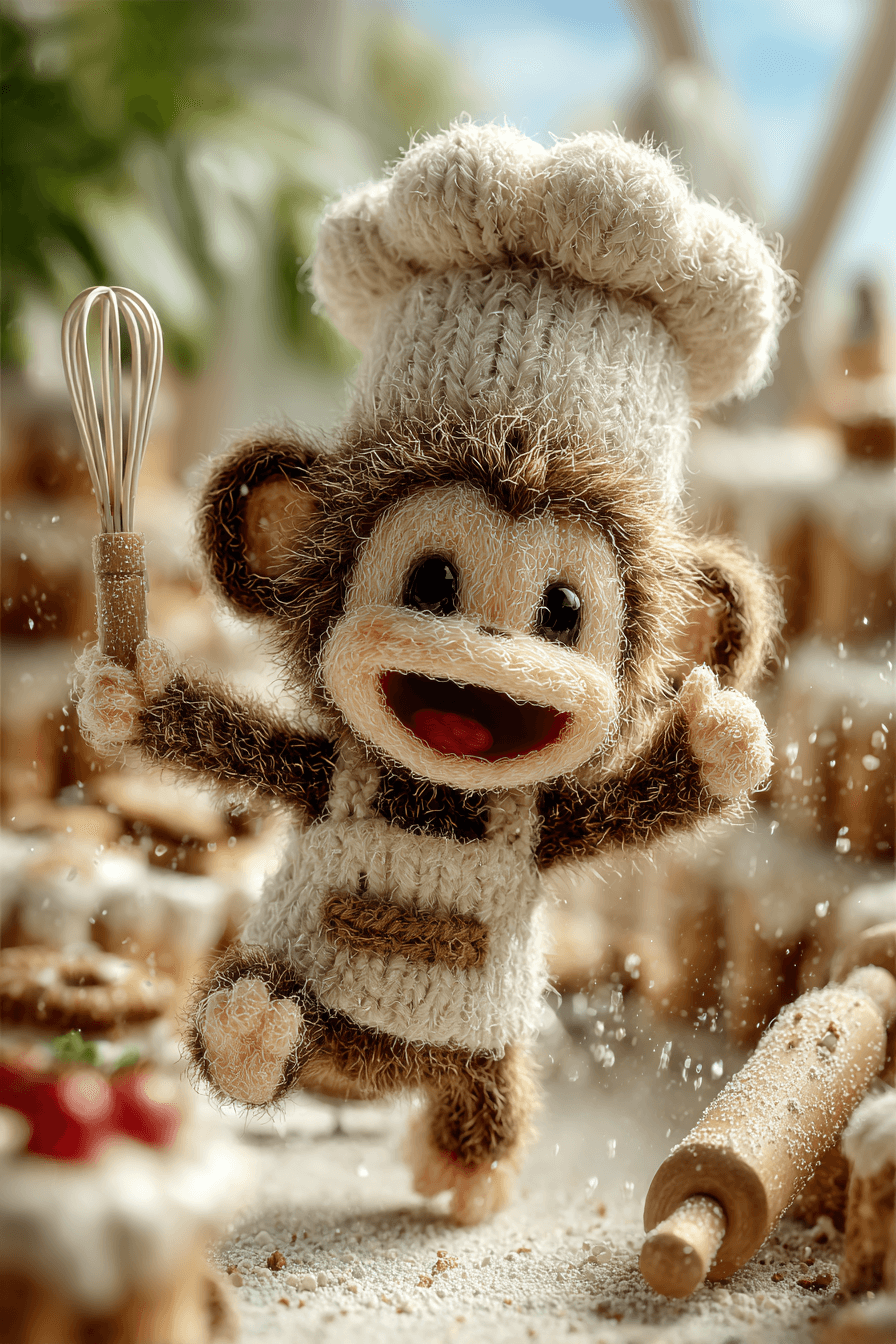 Tiny Wool Baby Monkey Baking Scene