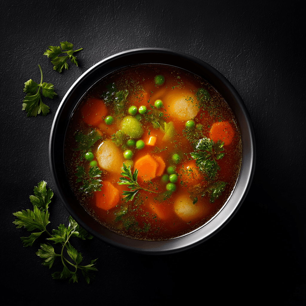 Cinematic Vegetable Soup Flat Lay Photo