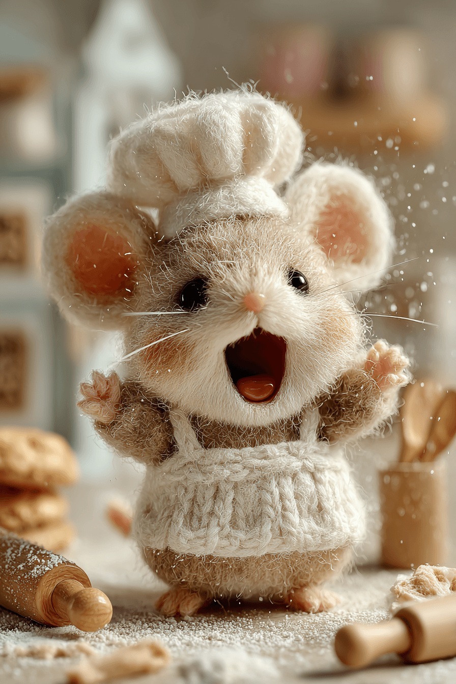 Tiny Wool Baby Mouse Baking Scene