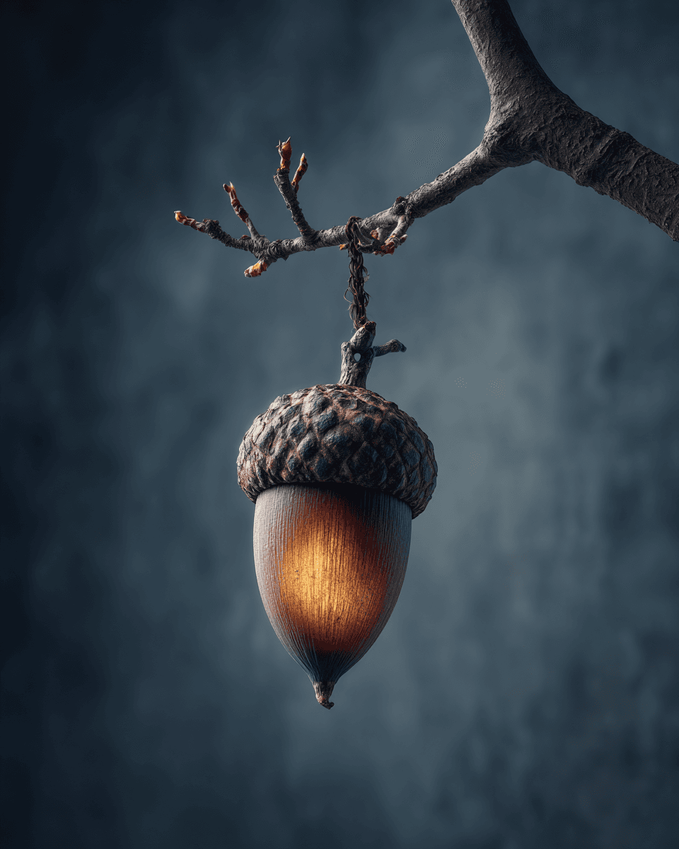 Hyperrealistic Glowing Acorn Hanging from Oak Branch Macro Portrait