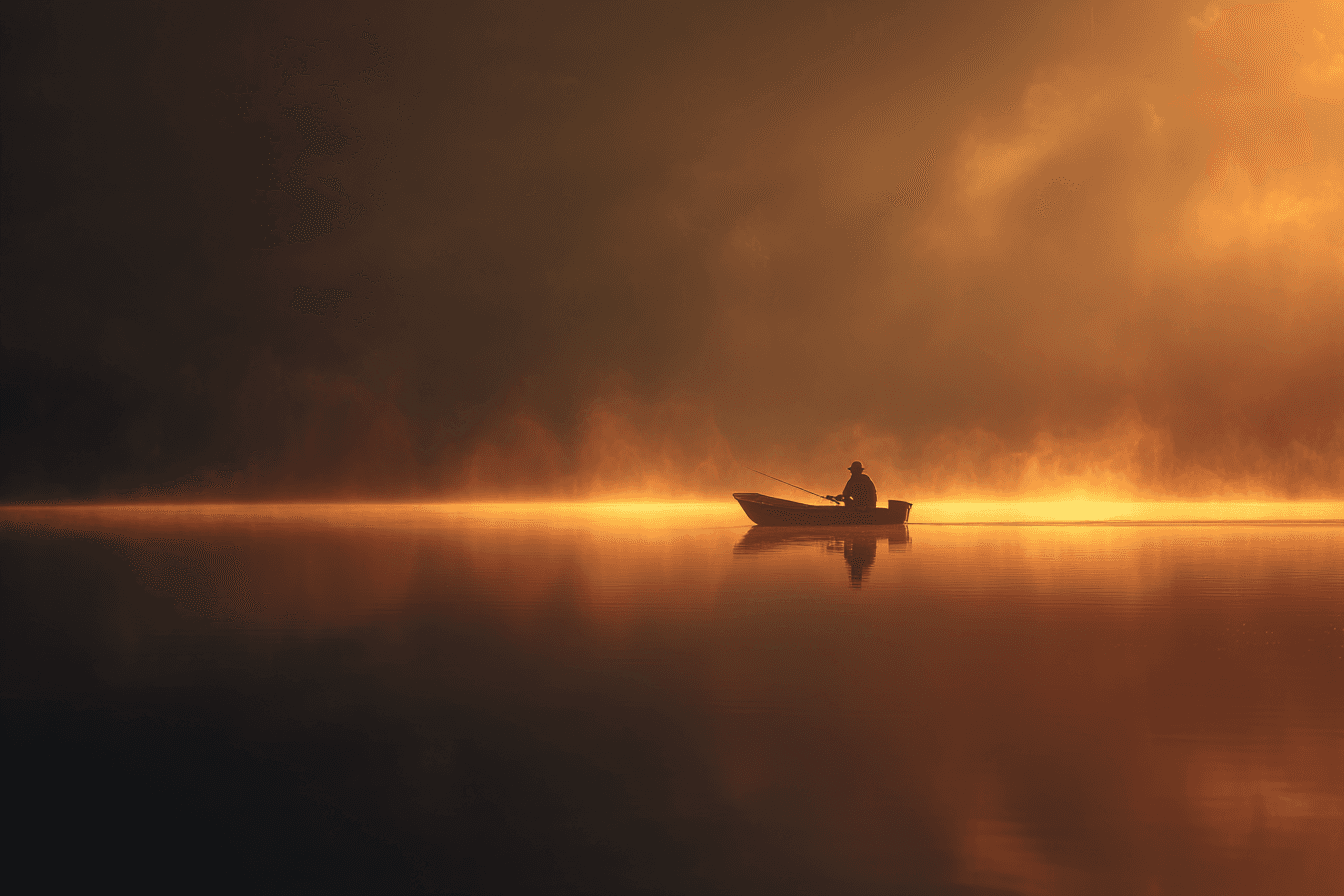 Golden Hour Lone Fisherman Lake Photo