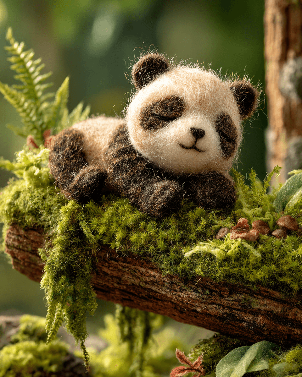 Tiny Felted Panda Mossy Log Photo