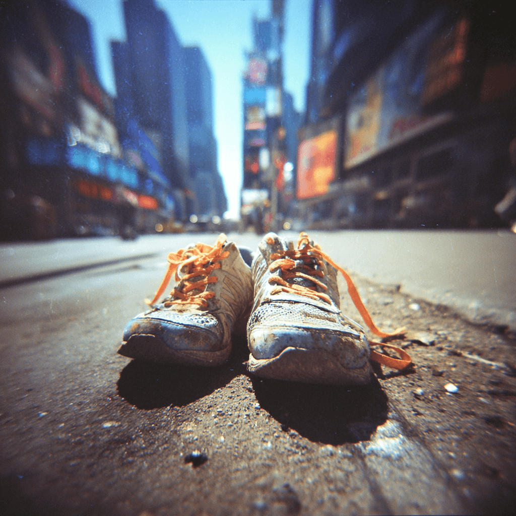 S Worn-out Sneakers on City Sidewalk Photograph