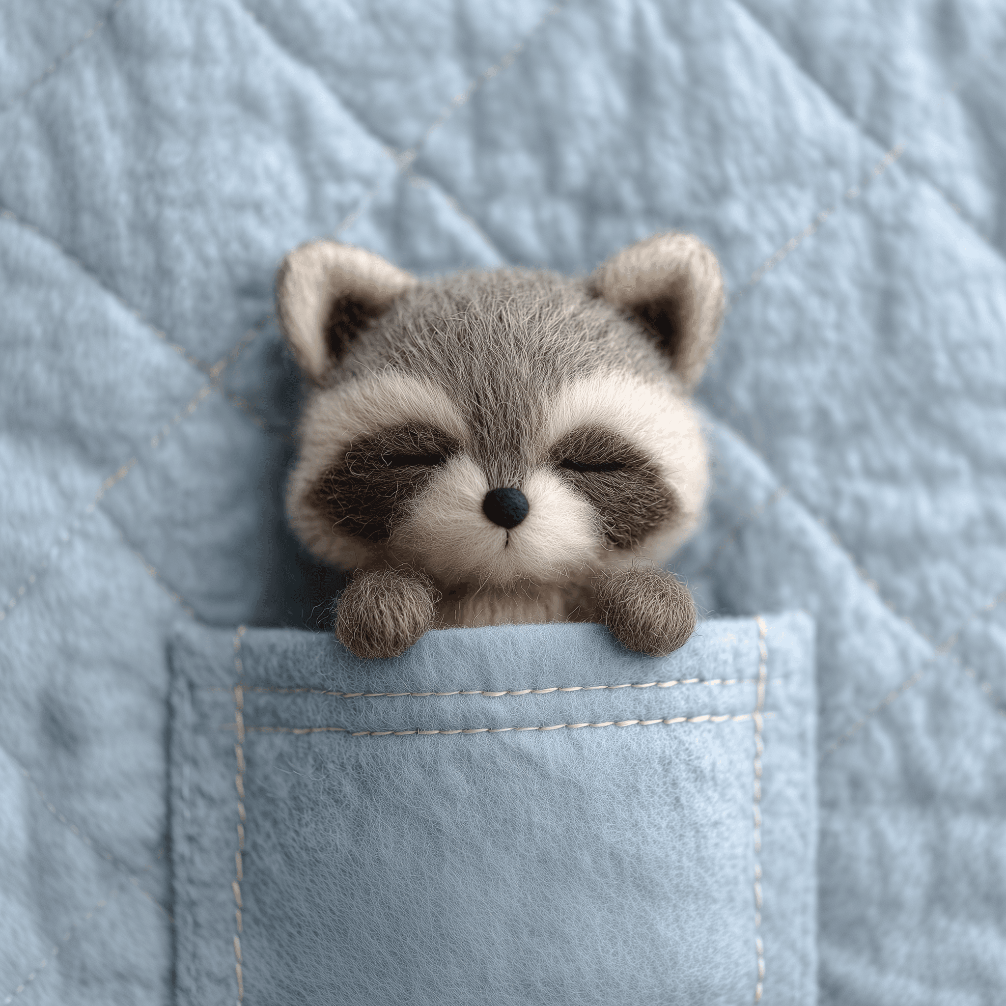 Tiny Sleeping Plush Raccoon Felt Pocket