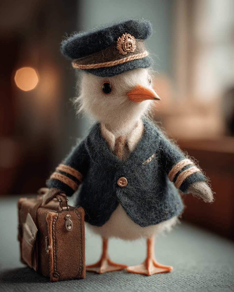 Felted Baby Seagull Plane Pilot Diorama