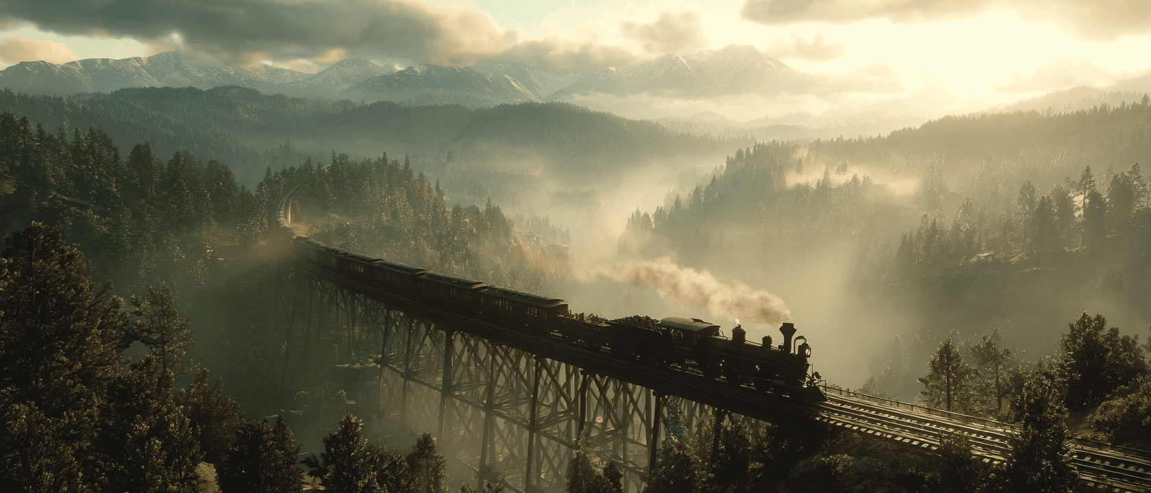 Modern Western Steam Locomotive Crossing Trestle Bridge Film Still