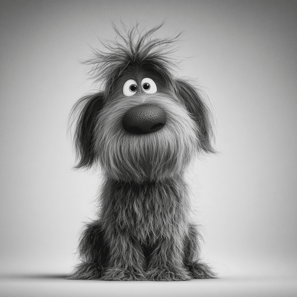 Black and White Shaggy Dog Cartoon Portrait