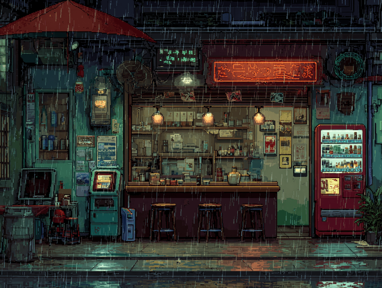 Cyberpunk Noodle Bar on Rainy Landscape Scene Composition 3