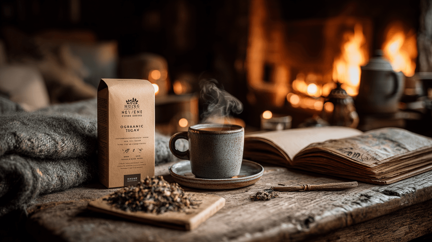 Organic Herbal Tea Packaging with Steaming Mug Photo