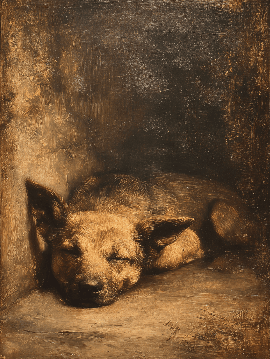 Moody Classical Oil Sleeping Dog by a Fireplace Painting