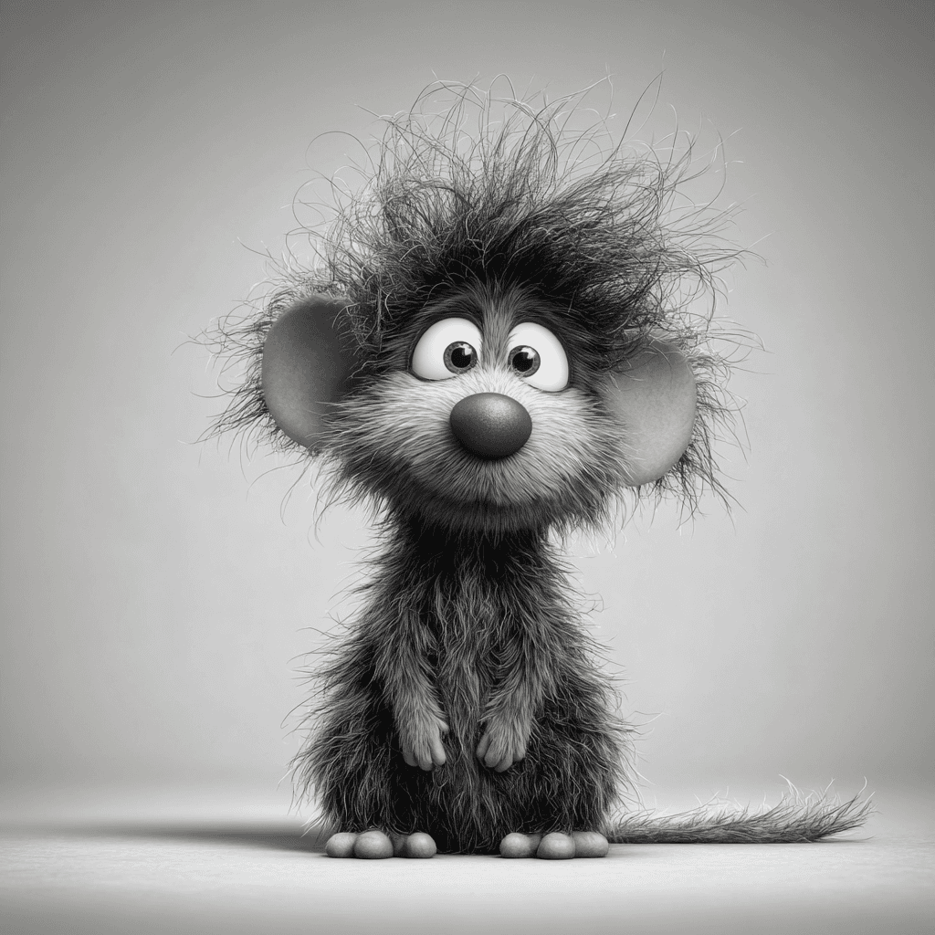 Black and White Shaggy Mouse Cartoon Portrait